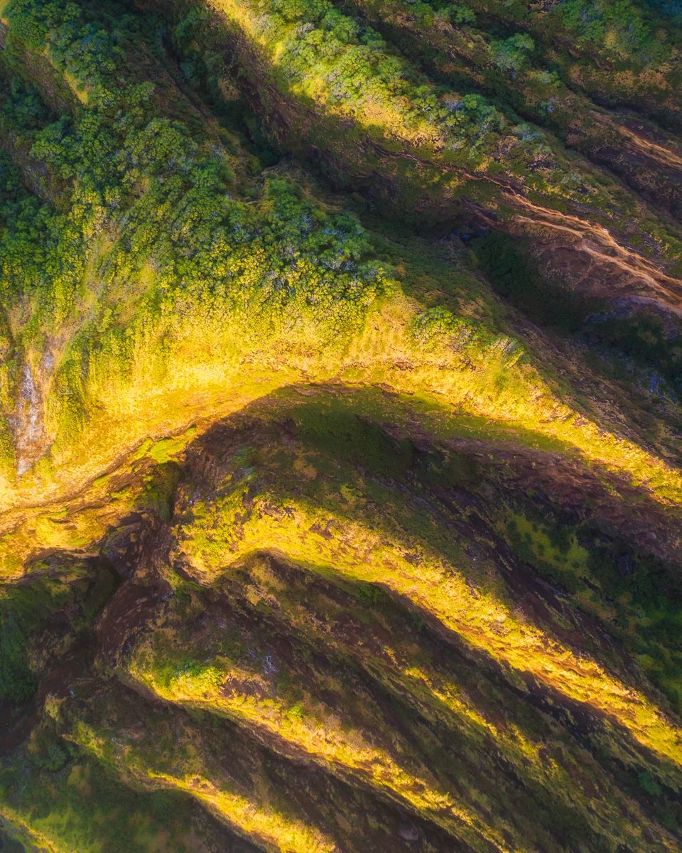 Aerial view of the ridged slope of Koko Head crater in low gold light, eroded lines running across it like a tattoo
