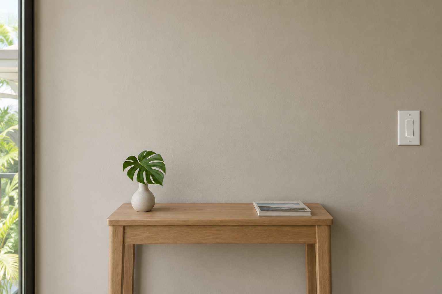 A small light-wood side table against a warm greige wall, a monstera leaf in a white vase and a book on top, a window on the left and a light switch on the right